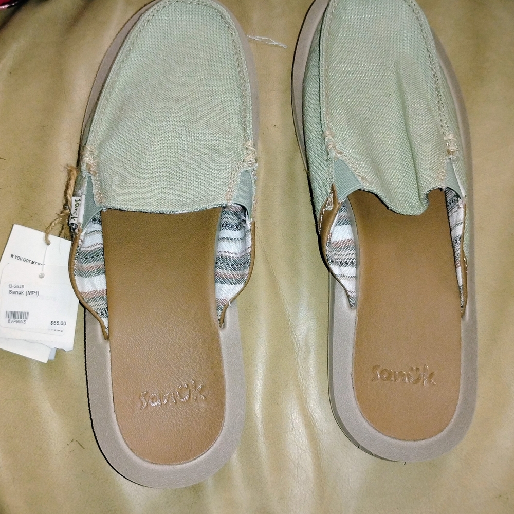 Sanuk Women’s Slip-On Canvas Mules in Sage Green
